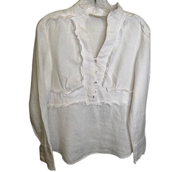 Tweeds White Ruffle detail linen tunic style Pull over blouse size Medium - Picture 1 of 6